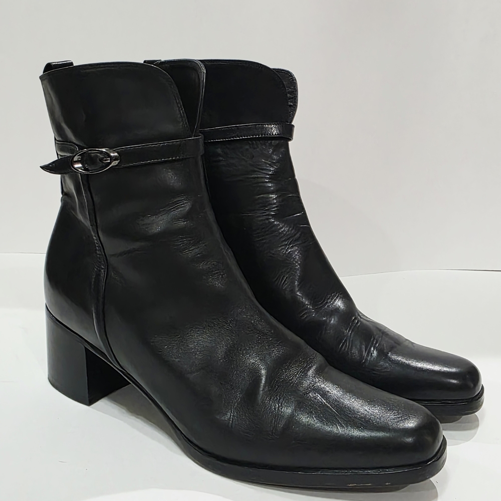 Bally FERINA Black Leather Ankle Boot Zipper Charcoal Buckle Women 6 M Used RARE